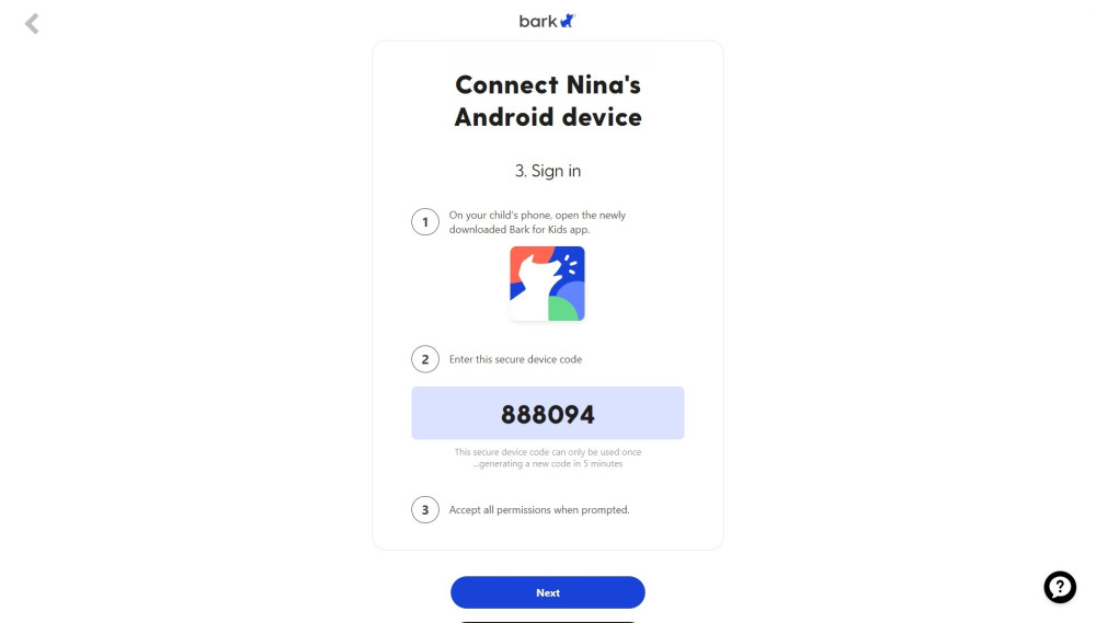 Connecting child's Android device on Bark app